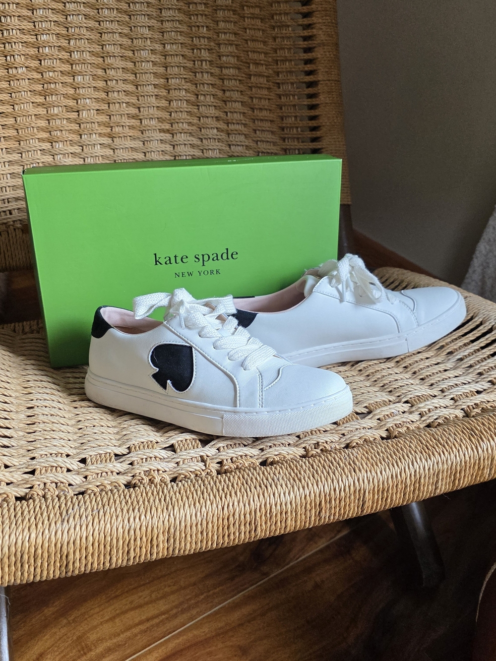 Kate Spade White Leather Sneakers with Black Spade Detail
